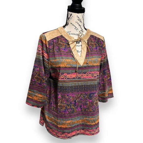 BonWorth XS Petite Boho Paisley Top Multicolor Suede Trim Blouse 3/4 Sleeve NWT - Picture 3 of 10